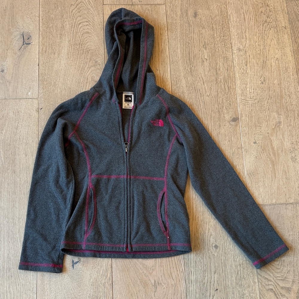 North Face Gray and Pink Hooded Jacket. Light weight fleece. Size 7/8 small.